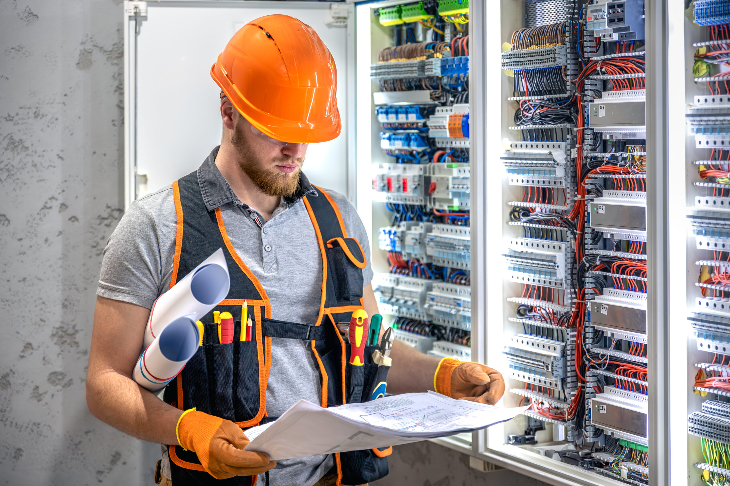 Male electrician working in electrical panel. Male electrician in uniform. High quality photo. Male construction worker in helmet and safety glasses.